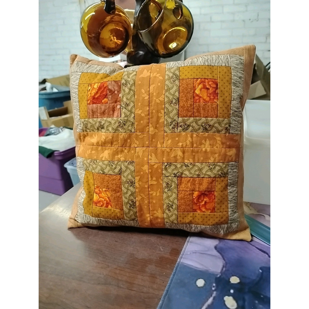 Handmade Patchwork Pillow Quilted Log Cabin Window‎ Floral 70's